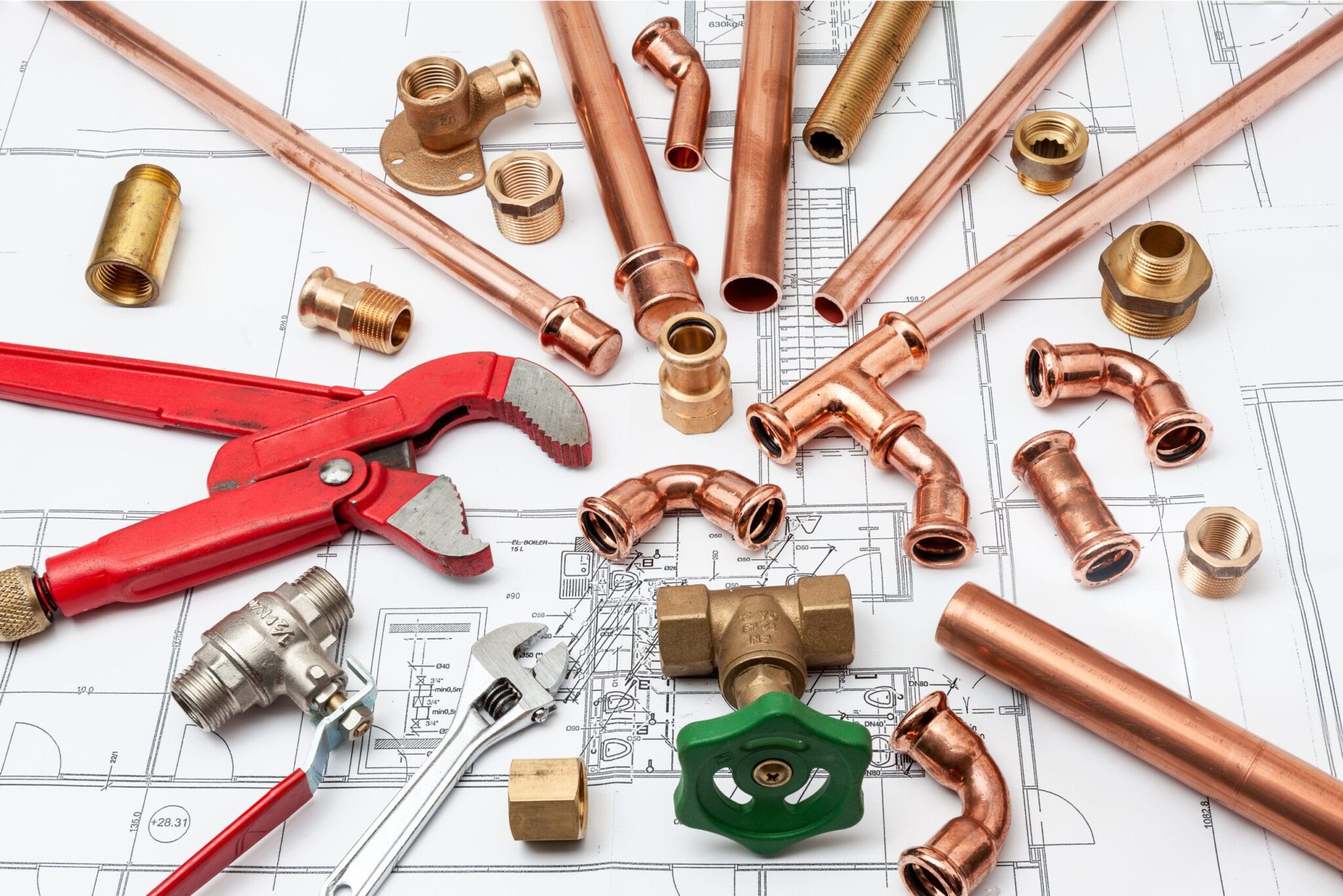 Copper pipes, fittings, valves, and plumbing tools in Lutz
