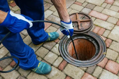 Plumber cleaning an outdoor sewer drain in Lutz