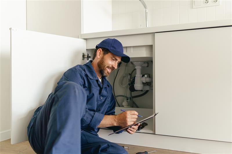 Residential plumber reviewing plumbing repairs in a Lutz kitchen