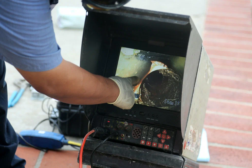 Technician viewing a drain inspection camera in Lutz
