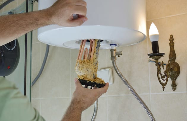 Technician removing mineral buildup from a water heater in Lutz